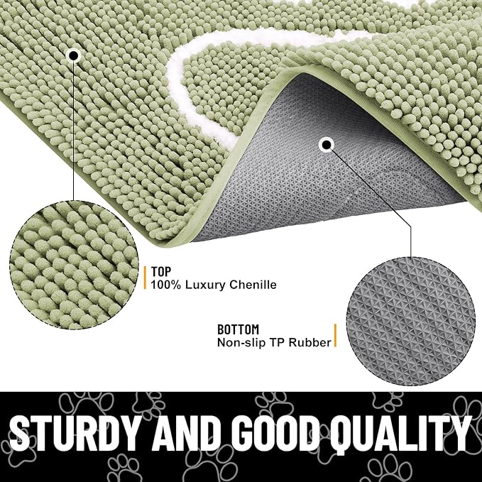 Smiry Dog Door Mat for Muddy Paws, Absorbent Dirt Trapper Non Slip Quick Dry Washable Chenille Mat for Mud Dogs, Entry Rug for Indoor and Outdoor (47x32 Inches, Sage Green and White)