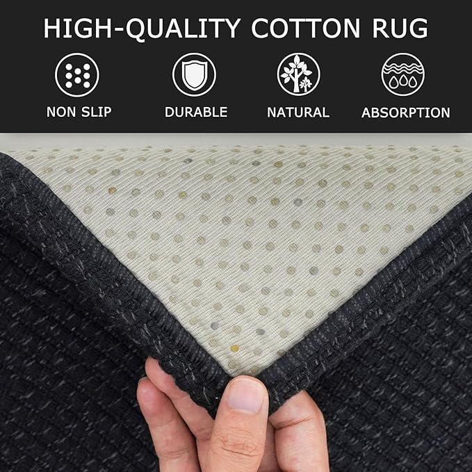 KOZYFLY Extra Long Runners for Hallways 3x16 ft Washable Kitchen Runner Non Slip Rubber Backed Hallway Rug Cotton Entryway Runner Rug Floor Carpet for Indoor Hall, Kitchen, Stair, Black/Dark Grey