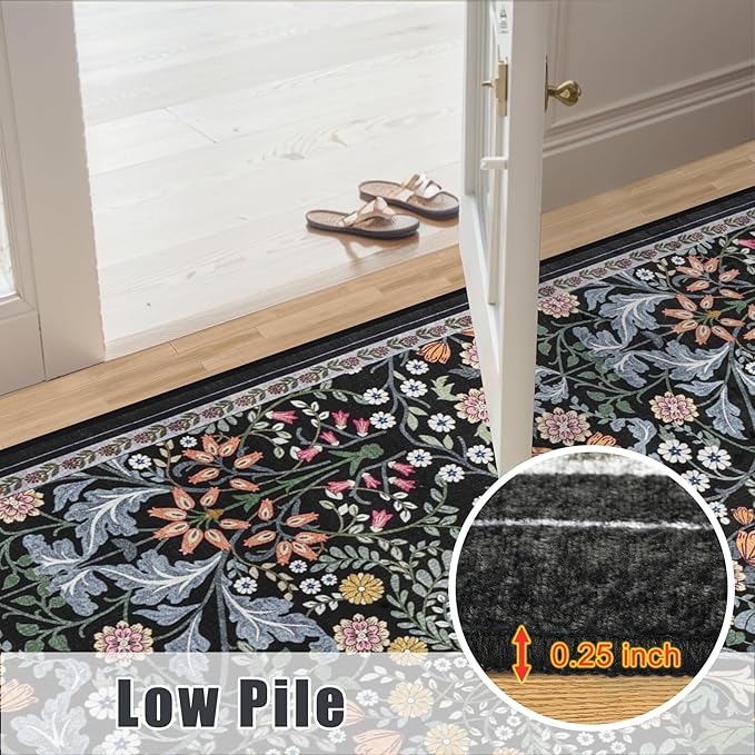 10x12 Area Rugs for Living Room: Floral Washable Rug Vintage Large Soft Boho Non-Slip Carpet Indoor Stain Resistant Low Pile Carpets for Bedroom Dining Room Farmhouse Nursery Home Office Dark Black