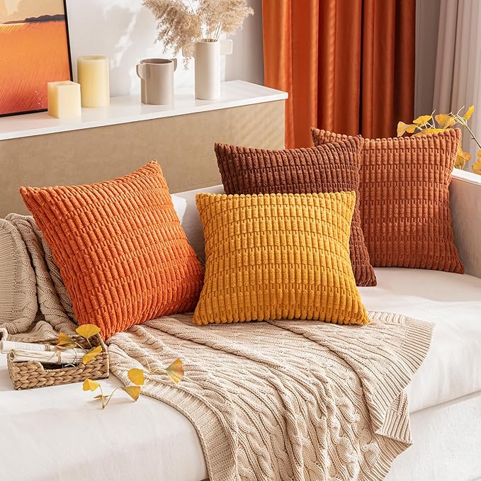 MIULEE Pack of 2 Orange Corduroy Decorative Pillow Covers 16x16 Inch Soft Boho Striped Throw Pillow Covers Modern Farmhouse Home Decor for Halloween Thanksgiving Summer Sofa Living Room Couch Bed
