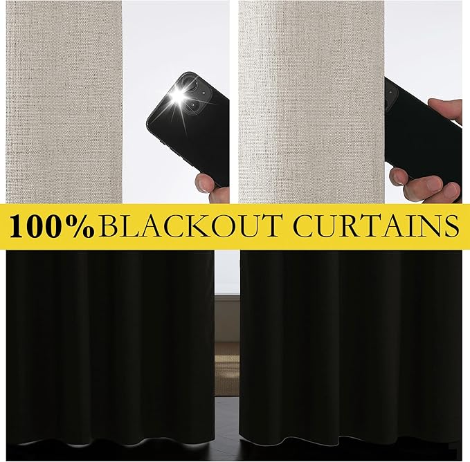 NICETOWN Brich Vintage Open Linen Weave Flax Thermal Curtains, 100% Blackout Curtains 84" Long for Dining Room, Soundproof Window Treatment Drapes for Hall Room, 42" Wide Per Panel, Set of 2