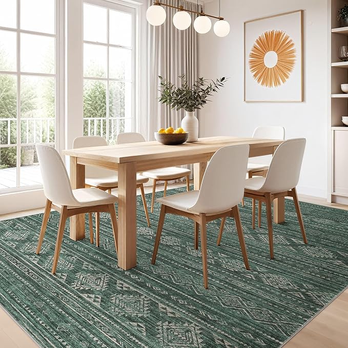 Nakagishi Green Rug Area Rugs 5x7: Washable Boho Large Neutral Modern Soft Farmhouse Rug Stain Resistant Indoor Floor Non-Slip Carpet for Women Home Enthusiasts Aged 25-45 - Bedroom Room Decor