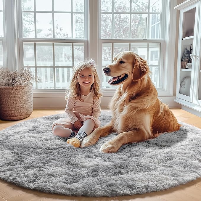 ONASAR Tie-Dyed Light Grey Round Area Rugs 6ft, Ultra Soft Bedroom Circle Rug for Kids Girls Boys Teen Room, Fluffy Plush Shaggy Carpet Floor Mats for Dorm Nursery Living Room Playroom Home Decor