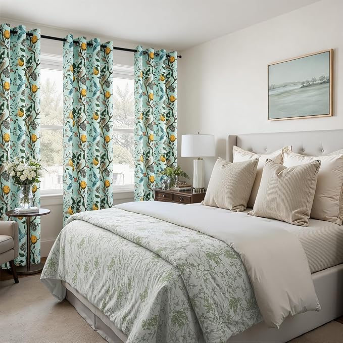 Topfinel 94 Inches Long Custom Floral Curtains Unique Cottagecore Whimsical Vintage Pretty Fun Flower Hummingbird Patterned Double Sided Grommet Print Drapes for Bedroom Living Room Dining Mint Green