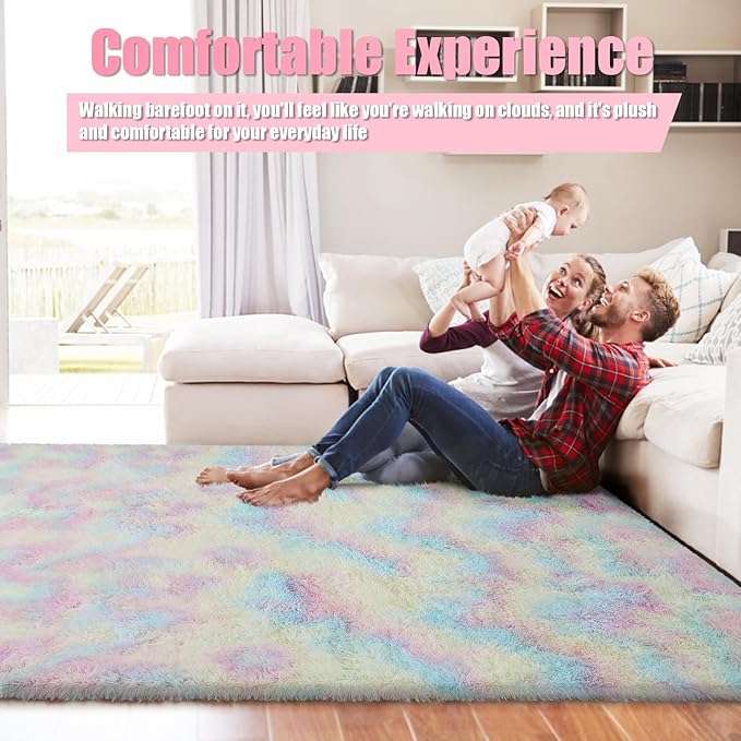 Shag Area Rug for Bedroom 4x6,Fluffy Area Rugs for Living Room,Soft Fuzzy Rug Non-Shedding Indoor Plush Carpet for Kids Bedroom Nursery Dorm Home Decor,Rainbow