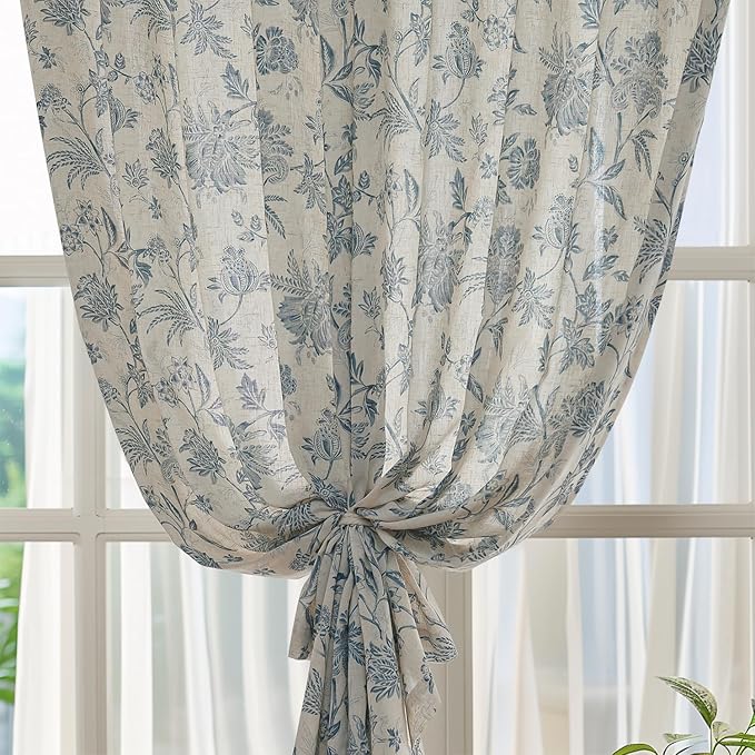 jinchan Linen Floral Curtains for Living Room with Printed Flower 96 Inches Long Light Filtering French Country Back Tab Rod Pocket Blue Window Curtain Set Farmhouse Drapes 2 Panels Blue