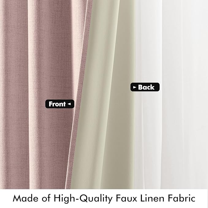 MIULEE 100% Blackout Linen Curtains for Bedroom, Pink Solid Luxury Decor Thermal Insulation Room Darkening Drapes for Living Room Nursery Back Tab Rod Pocket 42 x 72 Inches, 2 Panels