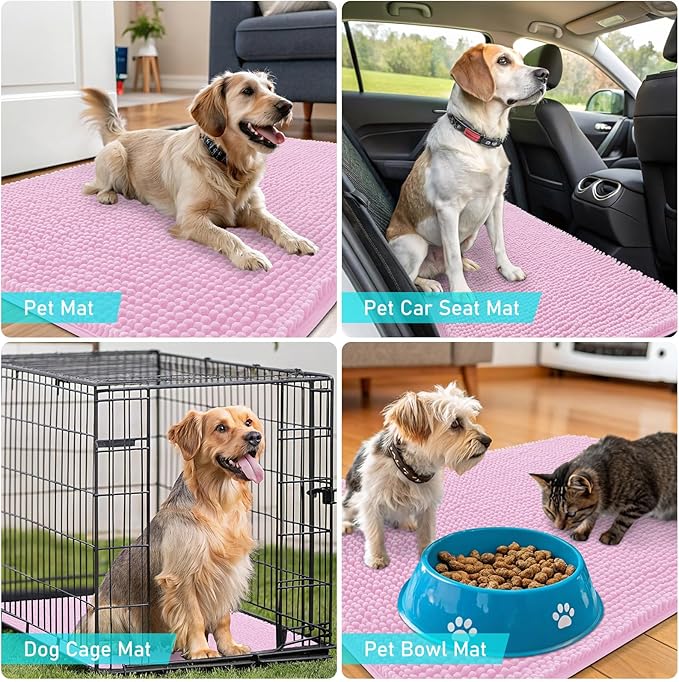 OLANLY Dog Door Mat for Muddy Paws 50x30, Absorbs Moisture and Dirt, Absorbent Non-Slip Washable Doormat, Quick Dry Chenille Mud Mat for Dogs, Entry Indoor Entryway Carpet for Inside Floor, Pink