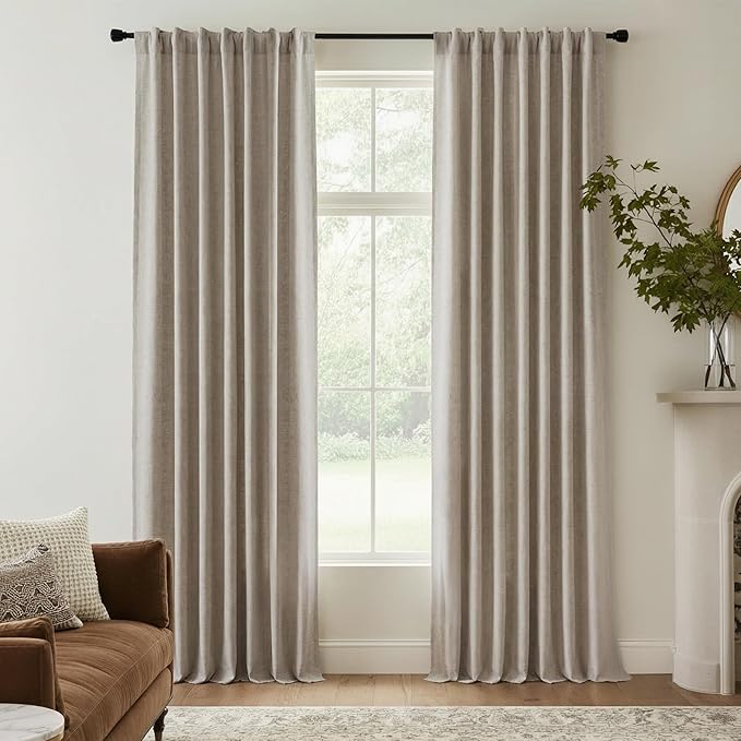 RYB HOME Linen Textured 100% Blackout Curtains for Bedroom, Insulating Energy Saving Window Curtains for Living Room Dining Patio Sliding Glass Door, Wide 52 x Long 108 inch, Beige, 2 Panels