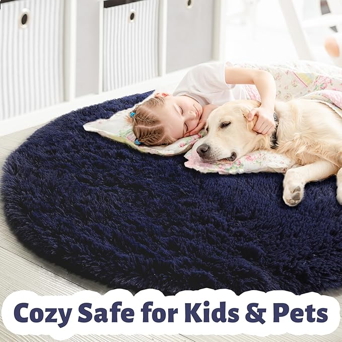 Dark Navy Round Rugs 5Ft for Teen Boys Bedroom, Circular Fluffy Shag Fuzzy Plush Circle Area Rug for Kids Room, Living Room Decor Aesthetic, Indigo Furry Cool Dark Blue Carpet for Dorm Baby Nursery