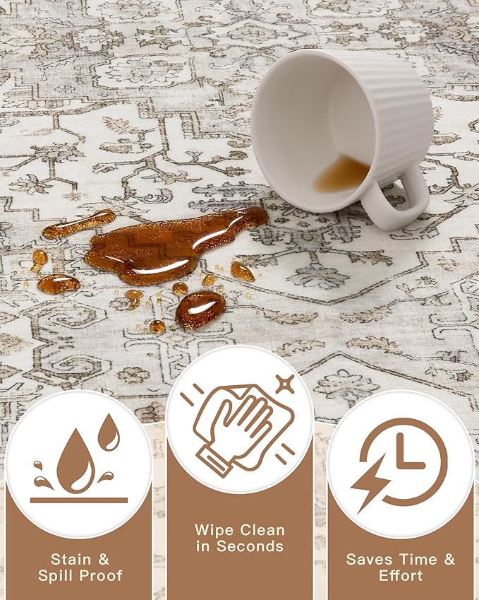 Madane 5x7 Area Rugs for Living Room, Stain Resistant Washable Rug, Non-Slip Backing Area Rug, Vintage Home Decor Rug for Bedroom (Beige/Brown, 5'x7')