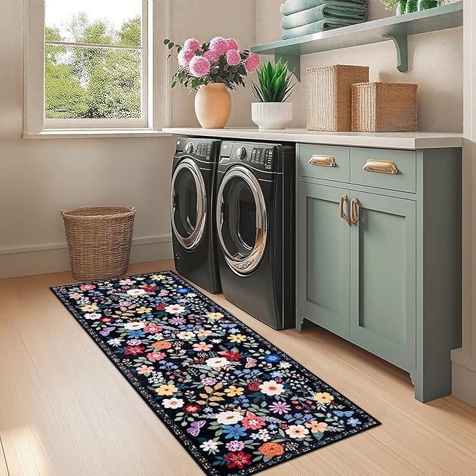 Runner Rug for Entryway: 2x6 Kitchen Rugs Non Slip Washable Ultra-Thin Soft Floral Carpet Indoor Floor Stain Resistant Carpets for Hallway Bedroom Kitchen Laundry Bathroom Dorm Black