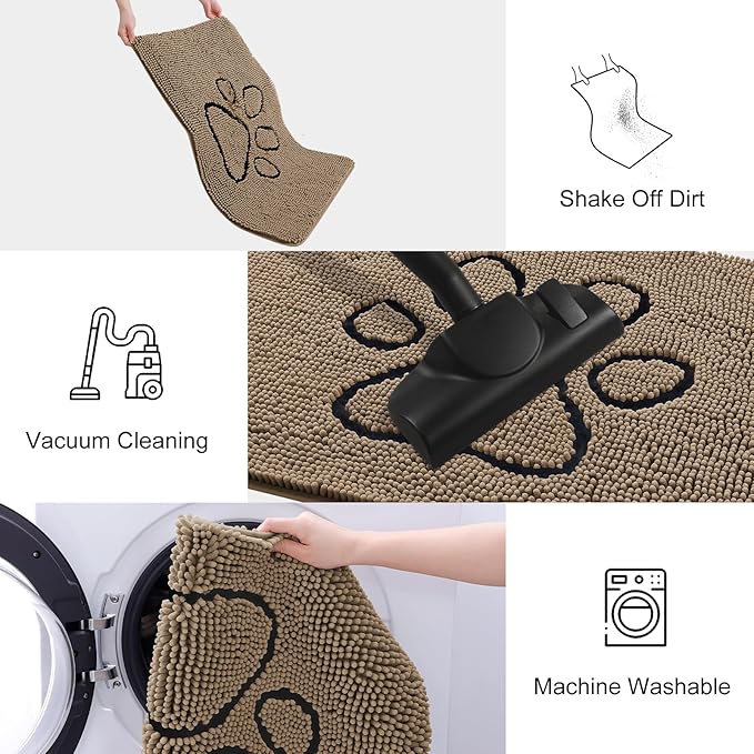 Smiry Dog Door Mat for Muddy Paws, Absorbent Dirt Trapper Non Slip Quick Dry Washable Chenille Mat for Mud Dogs, Entry Rug for Indoor and Outdoor (40x32 Inches, Camel and Black)