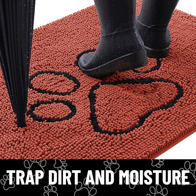 Smiry Dog Door Mat for Muddy Paws, Absorbent Dirt Trapper Non Slip Quick Dry Washable Chenille Mat for Mud Dogs, Entry Rug for Indoor and Outdoor (30x20 Inches, Maple Red and Black)