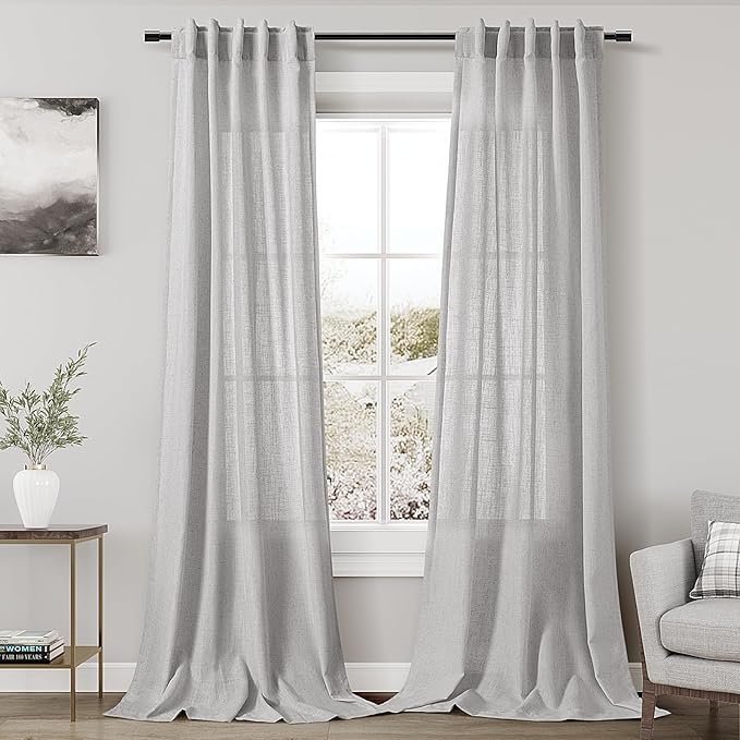 Grey Linen Curtains 102 Inches Long for Living Room 2 Panel Set Back Tab Rod Pocket Semi Sheer Curtains Light Filtering Burlap Extra Long Drapes Neutral Farmhouse Decor for High Window 40x102
