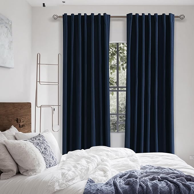 Guken Navy Blue 100% Blackout Curtains 96 Inch Length 2 Panels Set for Living Room Bedroom Back Tab Thermal Insulated Black Out Linen Drapes Room Darkening Window Curtains 96 Inches Long