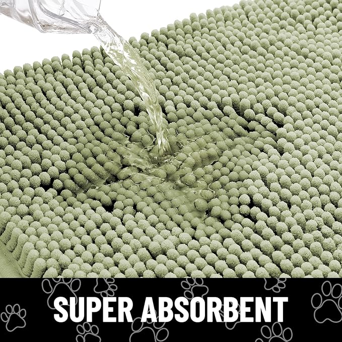 Smiry Dog Door Mat for Muddy Paws, Absorbent Dirt Trapper Non Slip Quick Dry Washable Chenille Mat for Mud Dogs, Entry Rug for Indoor and Outdoor (48x30 Inches, Sage Green and Black)