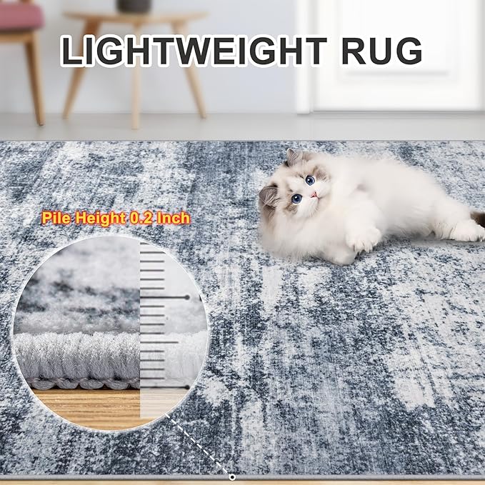 Area Rugs Living Room Rug - 4x6 Washable Modern Abstract Soft Neutral Non-Slip Carpet Large Indoor Floor Thin Carpets for Bedroom Dining Room Farmhouse Nursery Home Office Grey Blue