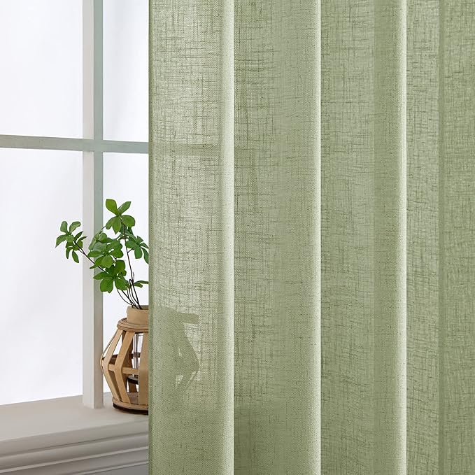 MIULEE Sage Green Short Linen Curtains 45 Inch Length 2 Panels for Kitchen Bedroom Bathroom, Soft Thick Linen Textured Basement Window Drapes Semi Sheer Light Filtering Back Tab Burlap Look Decor