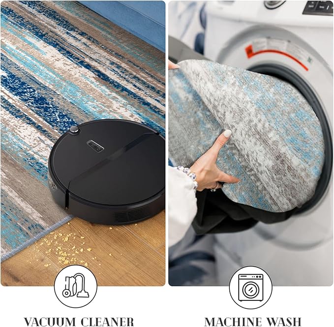 Lansny Modern Abstract Kitchen Rug Set of 2, 2x3 and 2x6 Blue Washable Rug Runner Non Slip Kitchen Mat, Soft Faux Wool Throw Carpet for Entryway, Hallway, Bedroom, Bedside, Laundry Room, Office