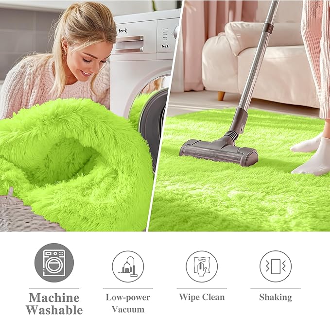OLANLY Lime Green Round Rugs for Bedroom - Machine Washable, 2 ft Circle Area Rugs for Living Room, Soft and Fluffy Shaggy Carpet for Teen Girl and Boys, Nursery Rooms, Dorms, Home Decor Aesthetic