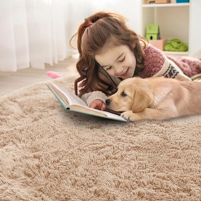 OLANLY Beige Round Rugs for Bedroom - Machine Washable, 4 ft Circle Area Rugs for Living Room, Soft and Fluffy Shaggy Carpet for Teen Girls and Boys, Nursery Rooms, Dorms, Home Decor Aesthetic