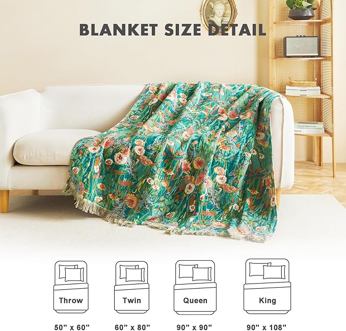 MSGKV Boho Throw Blanket 60"x80" Floral Blankets for Bed 100% Cotton Twin Size Couch Blanket Lightweight Farmhouse Muslin Spring Breathable Home Decor All Seasons