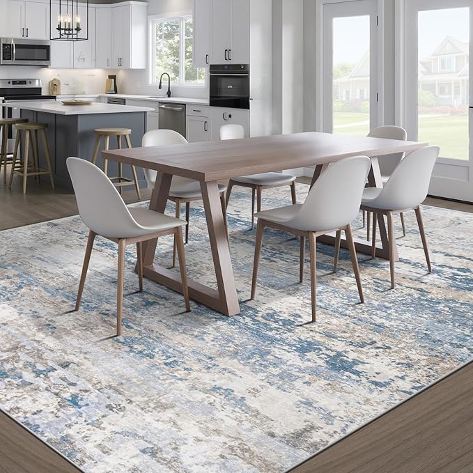 pmtsns Area Rugs 10x14 Living Room: Washable Rug Modern Abstract Neutral Soft Non-Slip Low-Pile Indoor Large Carpet for Bedroom Dining Room Playroom Home Office (Light Blue Brown, 10'x14')