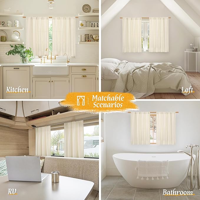 LAMIT 54 Inch Short Window Linen Curtains, Light Beige Soft Thick Light Filtering Panels Rod Pocket Neutral Privacy Faux Linen Drapes for Bedroom/Bathroom/Loft Room, 2 Panels, 42 x 54 Inch