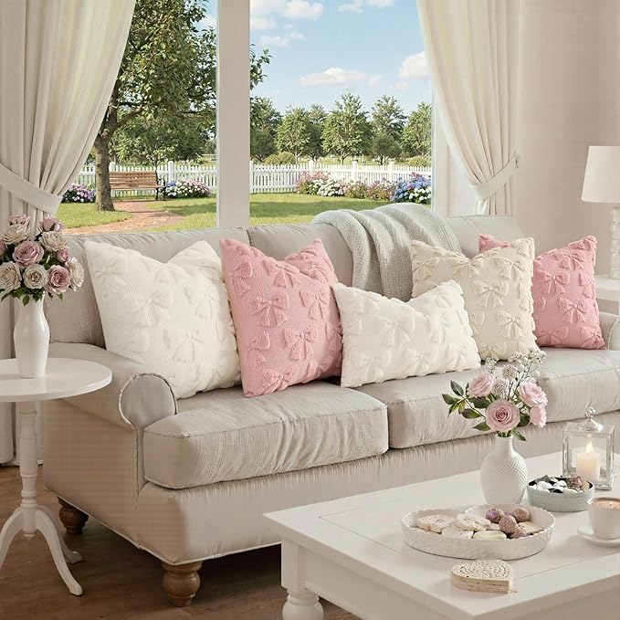 decorUhome Beige Bow Pillow Covers Set of 2 Coquette Aesthetic Cute Preppy Plush Faux Pillowcases for Girly Bedroom or Couch 18x18 Inch