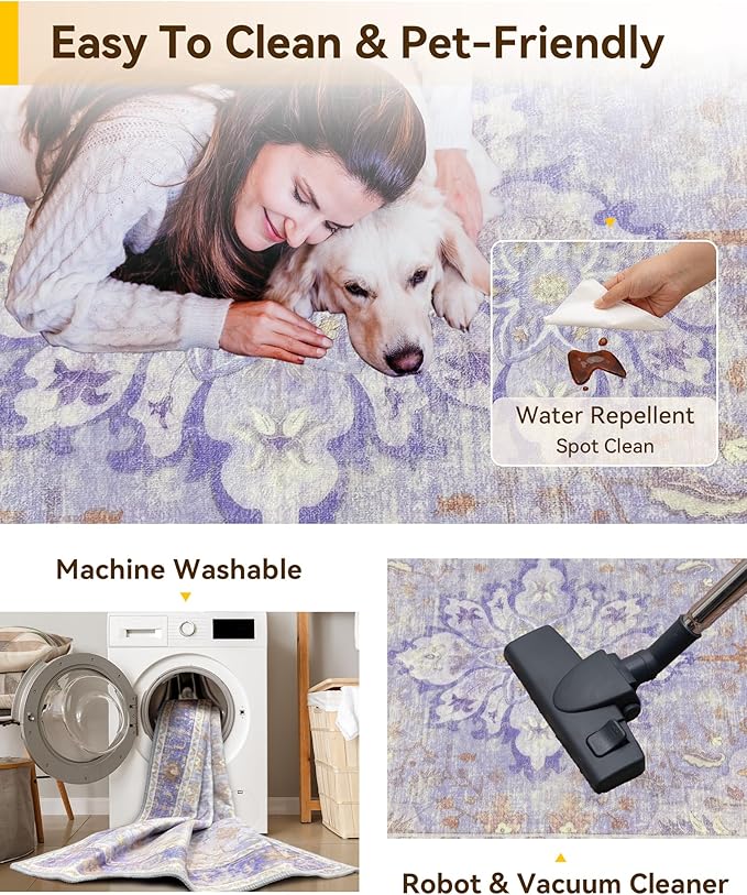 Area Rugs 4'x6' Washable Non-Slip, Floral Vintage Distress Print Pattern Medallion Carpet for Living Room Bedroom Dining Room, Light Purple Brown
