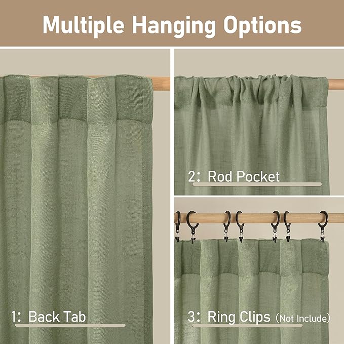 LAMIT Short Window Linen Curtains 36 Inch Length 2 Panels, Sage Green Light Filtering Panels Back Tab and Rod Pocket Neutral Drapes for Bathroom/Loft Room, 34 x 36 Inch