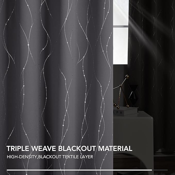 Deconovo Gray Curtains for Living Room, Blackout Drapes, Protect Pravicy Thermal Insulated Soundproof Window Drape, Wave Dots Foil Print, 52 x 108 Inch, Set of 2 Panels for Bedroom Sliding Glass Door