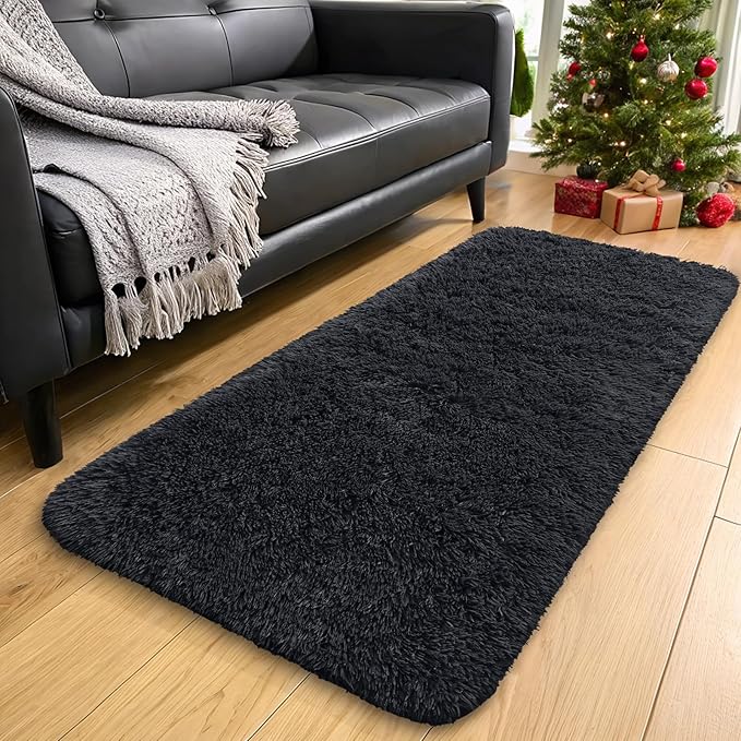 OLANLY 3x12 Machine Washable Runner Rugs for Hallway, Soft Fluffy Shaggy Bedside Rugs for Bedroom, Living Room, Indoor Floor Carpet for Kids Girls and Boys, Nursery Rooms, Home Decor Aesthetic, Black
