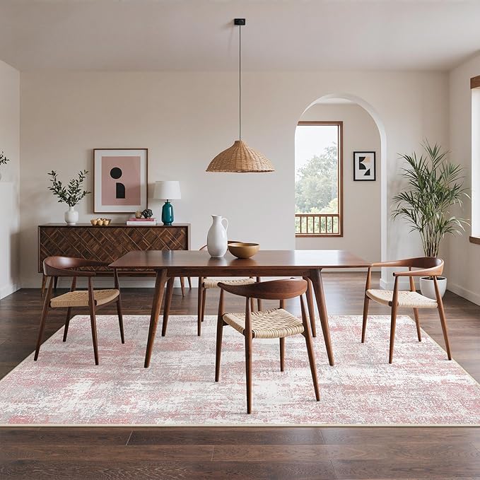 BEIMO Area Rugs 8x10 for Living Room Bedroom, Modern Abstract Machine Washable Rug, Large Soft Low Pile Floor Carpet with Non Slip Backing for Dining Room, Pink/Grey
