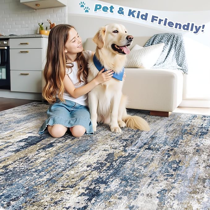 Area Rugs 2x8 Runner Rug: Washable Hallway Rug Modern Abstract Neutral Soft Non-Slip Low-Pile Indoor Carpet for Kitchen Bedside Entrance Laundry (Blue Grey Brown, 2'x8')