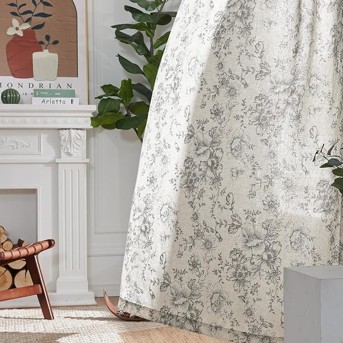 jinchan Linen Blend Curtain Floral Curtains for Living Room 96 Inch Length Grey Printed Curtain Rod Pocket Back Tab Farmhouse Peony Flower Patterned Drapes Bedroom Window Curtains Set 2 Panels