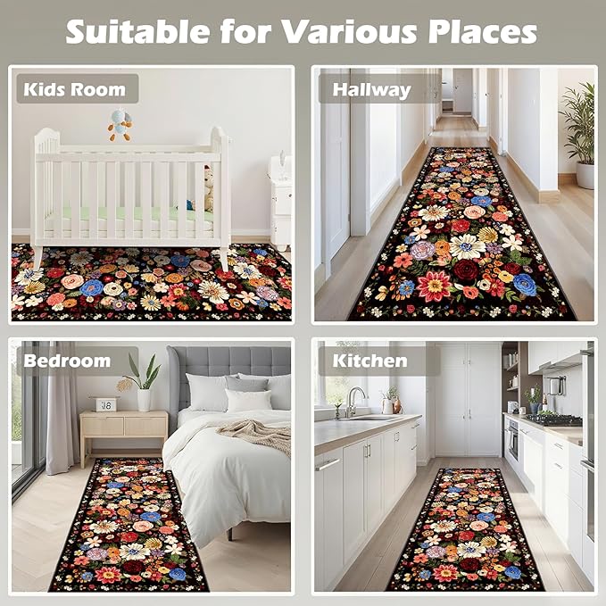 Black/Brown Kitchen Rug 2x6, Non Slip Washable Runner Rugs with Rubber Backing Soft Floral Carpet entryway Runner for Hallways, Kitchen, Laundry, Bedroom, Bathroom (Black/Brown, 2 x 6)