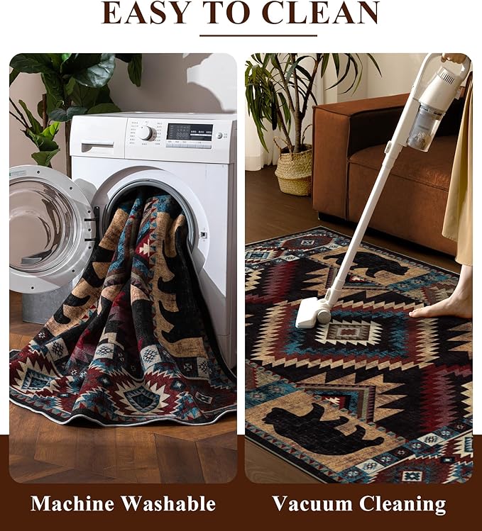 Western Runner Rug 2'8"x8' - Rustic Cabin Washable Rug, Non-Slip Low Pile Soft Carpet, Lodge Geometric Print Floor Runner Rugs for Hallway, Entryway, Bedroom, Kitchen, Laundry