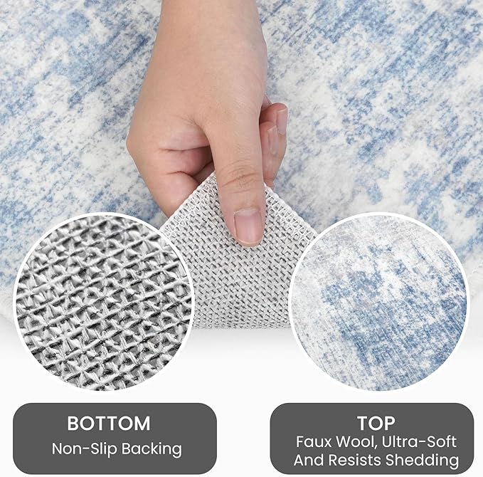 IOHOUZE Abstract Area Rugs 8x10 Ft Washable Large Rugs for Living Room, Non Slip Dining Room Rug, Printed Faux Wool Rugs for Bedroom, Floor Carpet for Office Nursery Playroom, Light Blue Grey