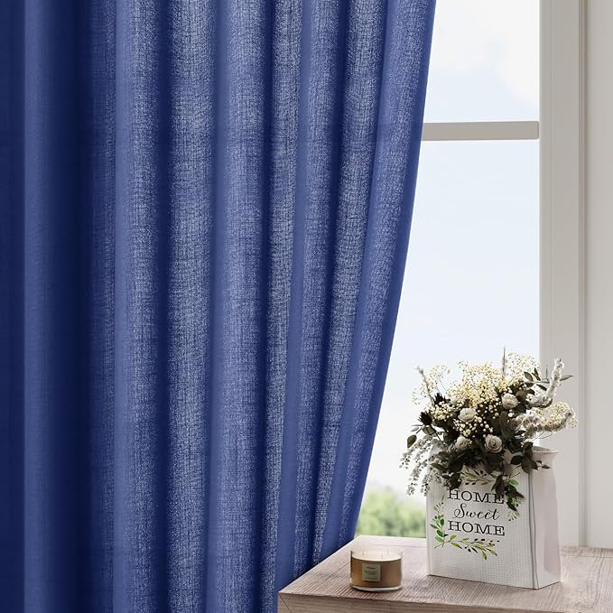Nanspring Classic Blue Linen Curtains 108 Inches Long for Living Room Bedroom 2 Panels Set Extra Long Back Tab Curtain Light Filtering Sheer Drapes Floor to Ceiling Curtain for Large Windows 52x108