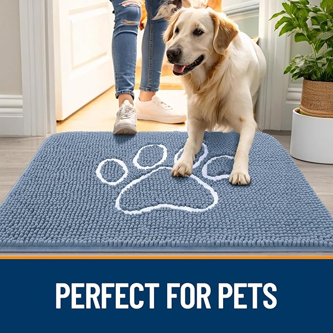 OLANLY Dog Door Mat for Muddy Paws 35x24, Paw Print Design, Absorbs Moisture and Dirt, Non-Slip Washable Doormat, Quick Dry Chenille Mud Mat, Entry Indoor Entryway Carpet, Airy Blue and White