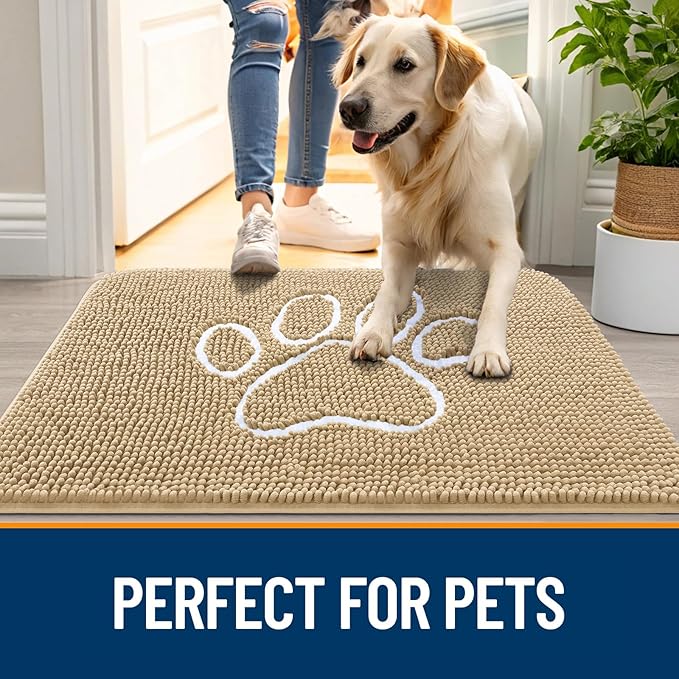 OLANLY Dog Door Mat for Muddy Paws 40x24, Paw Print Design, Absorbs Moisture and Dirt, Absorbent Non-Slip Washable Doormat, Quick Dry Chenille Mud Mat for Dogs, Entry Indoor Entryway Carpet, Beige