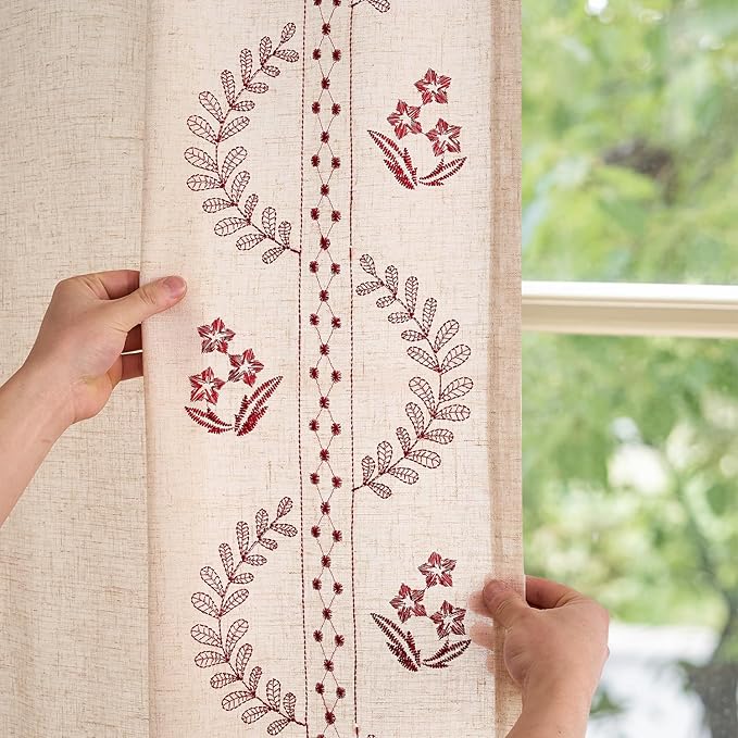 jinchan Belrose Linen Curtains for Bedroom Floral Curtains 96 Inch Length Linen Blend Burgundy Red Embroidered Drapes Farmhouse Flower Patterned Drapes for Living Room Window Treatments Set 2 Panels