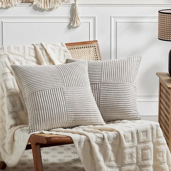 Fancy Homi 2 Packs Neutral Grey Decorative Throw Pillow Covers 18x18 Inch for Living Room Couch Sofa, Rustic Farmhouse Boho Home Decor, Soft Corss Corduroy Patchwork Textured Square Cushion Case 45cm