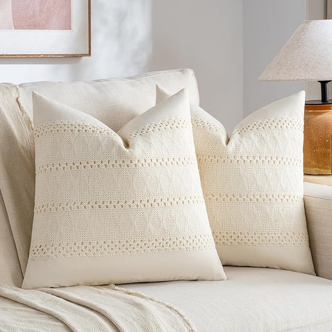 Fancy Homi Set of 1 Boho Cream Decorative Throw Pillow Cover 16x16 Inch for Couch Bed Sofa, Aesthetic Modern Organic Farmhouse Home Decor, Soft Cotton Cute Accent Macrame Woven Cushion Case