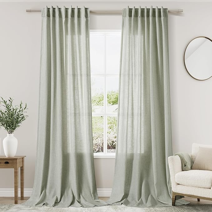 Extra Long Sage Green Curtain 2 Panels 102 inches Long for Living Room Back Tab Rod Pocket Light Filtering Semi Sheer Drapes Cotton Linen Textured Pale Green Window Curtain 102 inch Length 9 FT Tall