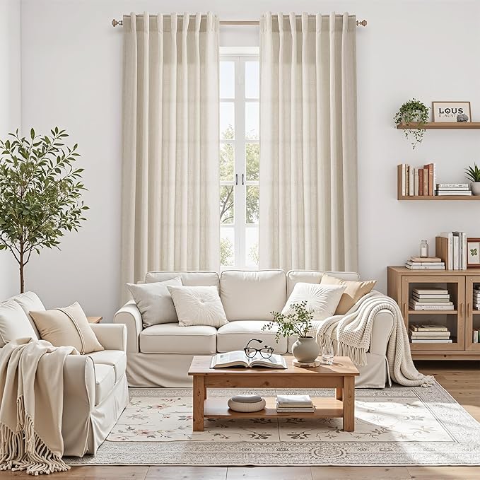 Boho Linen Curtains for Living Room 98 Inches Long Light Filtering Semi Sheer Curtain Back Tab Boho Eclectic Home Decor Elegant Luxury Farmhouse Drapes for Bedroom Dinner Room 52x98, 2 Panels