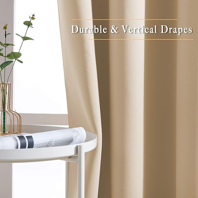 NICETOWN Bedroom Sunlight Block Curtains - Triple Weave Microfiber Grommet Top Thermal Insulated Solid Light Blinds Panels/Drapes for Kid's Room (Biscotti Beige, 1 Pair, 52 inches by 95 Inch)