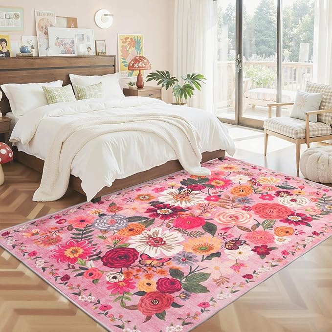 Washable Area Rug 8x10 Pink, Large Soft Rugs for Living Room Floral Carpet 8x10 Area Rugs for Girls Bedroom Nursery Room Non-Slip Stain Resistant Under Table Rug (8 x 10, Pink Garden)